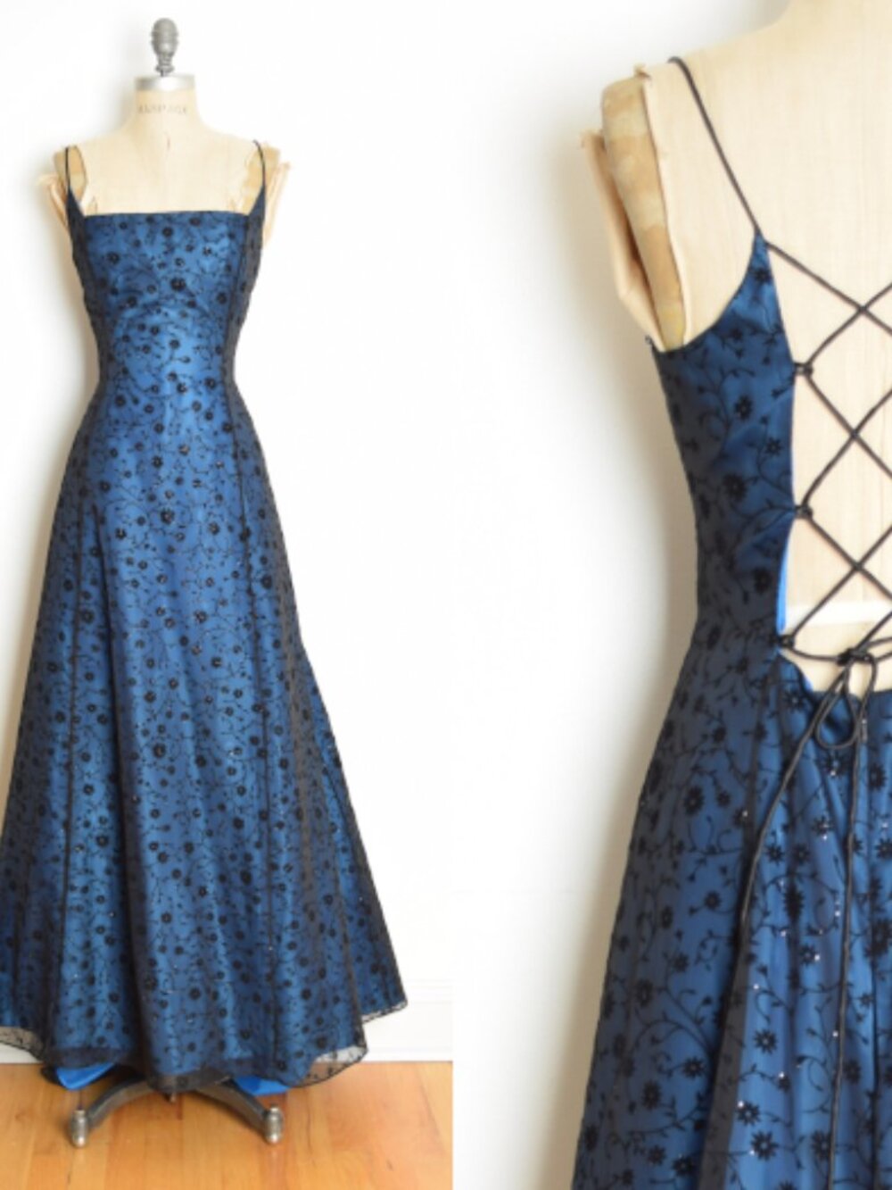 vintage Y2K 90s prom dress Morgan & Co navy corset lace up goth backless gown M